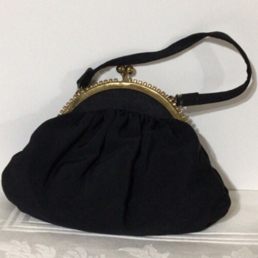 1960’s Rhinestones Kiss Lock Chiffon & Grosgrain Black Evening Bag
